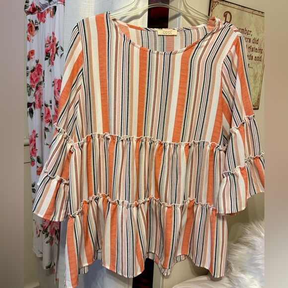 ODDY Tops - ODDY Orange and White Striped Women's Blouse Bell Sleeves Large Flowy Beautiful